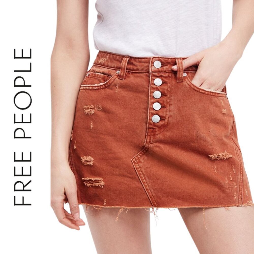 We The Free, Free People, Ripped Button Fly‎ Distressed Jean Skirt, Brown